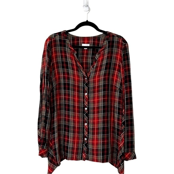 J JILL Button Down Long Sleeve Christmas Holiday Plaid Red Shirt Sz L - Picture 2 of 7
